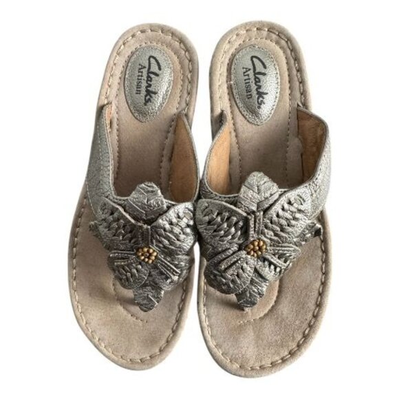 Clarks Artisan Metallic Leather Floral Slide Sandals Gold Comfort Women's 7.5M - Picture 3 of 11